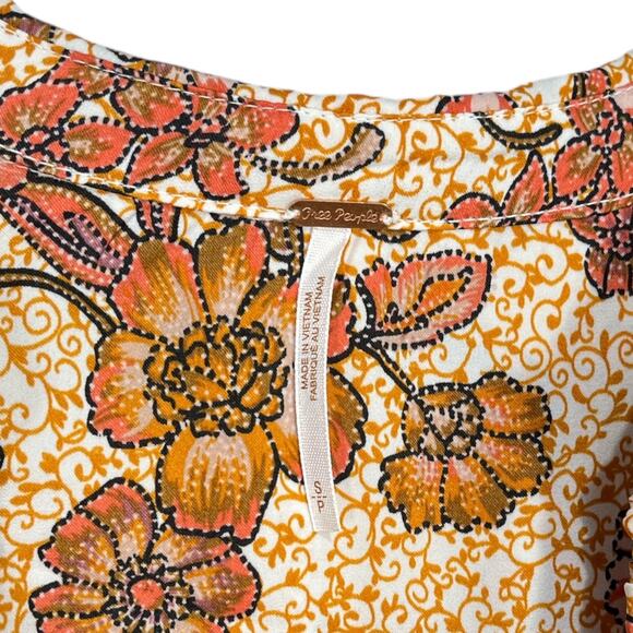 Free People Top I Got You Printed Floral Orange White Ruched Smocked V-Neck Sx S - Picture 6 of 11